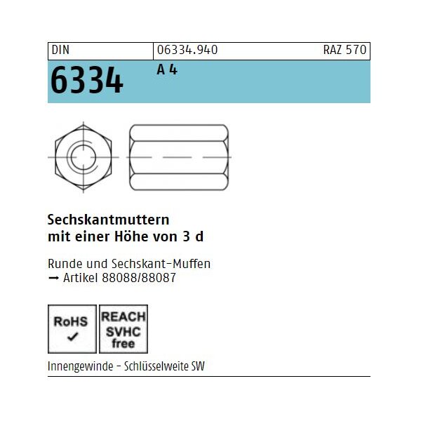 DIN 6334 Sechskantmuttern - A4 - Form B - h 3d