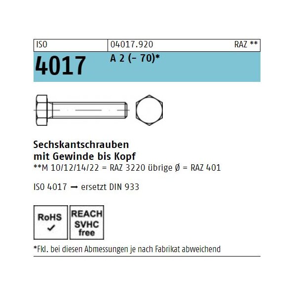 Sechskantschrauben mit Gewinde bis Kopf ISO 4017 Edelstahl A4 M 20 M 22