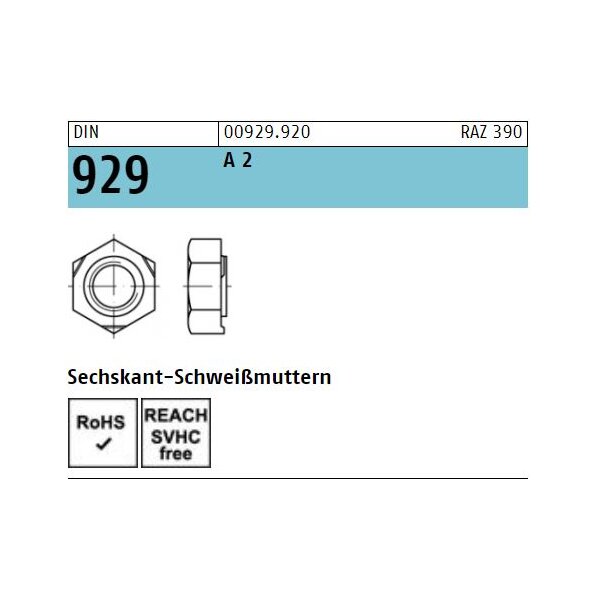 DIN 929 Sechskant - Schweissmuttern - A2