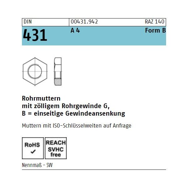 Rohrmuttern mit zölligem Rohrgewinde G DIN 431 Edelstahl A4 Form B 