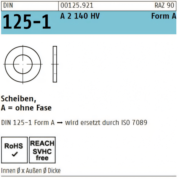 Unterlegscheiben DIN 125 - Form A - ohne Fase - Edelstahl A2