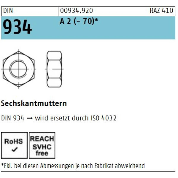 DIN 934 Sechskantmutter A2 - M6 - 100 Stück