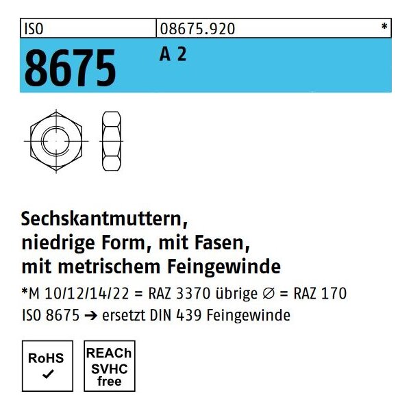 ISO 8675 Sechskantmuttern - A2 - Form B - Feingewinde