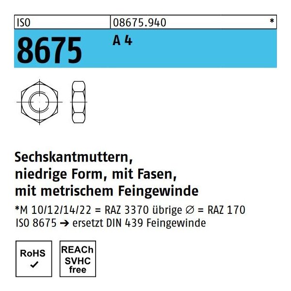 ISO 8675 6KT-Muttern Edelstahl A4, Feingewinde