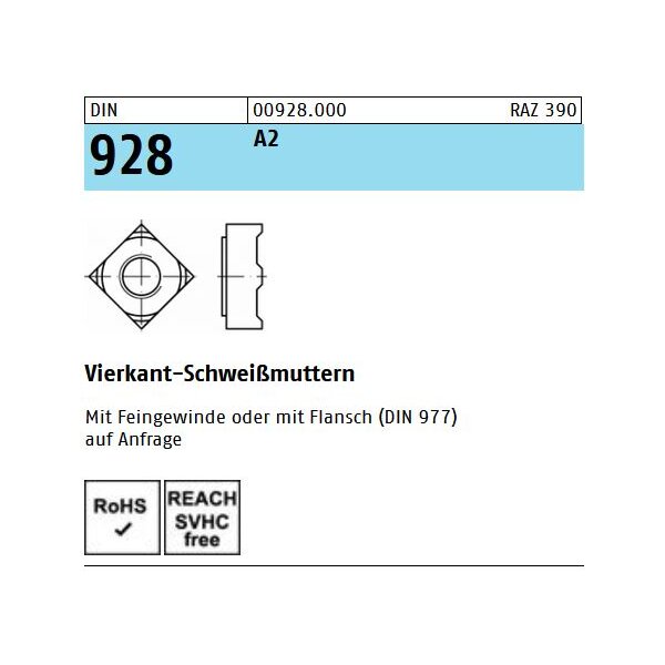 DIN 928 Vierkant - Schweissmuttern - A2