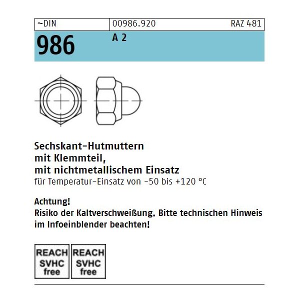 DIN  986 - Hutmuttern A2